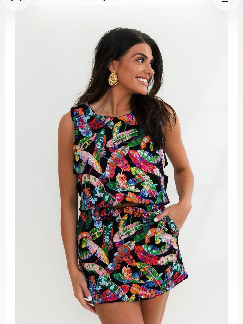 Queen of Sparkles Black Sequin Feather-Print Mini Skort - Multicolor. SKORT ONLY